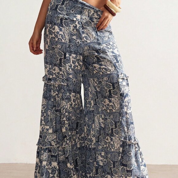 Blue Boho Women's Paisley Print Ruffled Wide Leg Pants - Picture 4 of 7